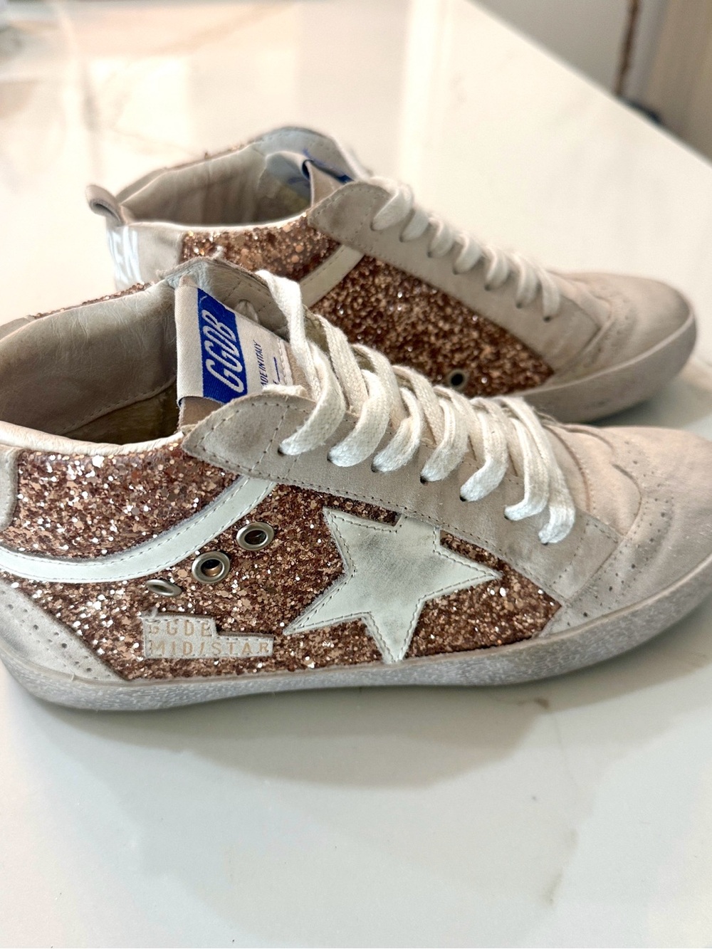 Golden Goose Mid Star Glitter Sneakers - Rose Gold & White Leather - Picture 1 of 10